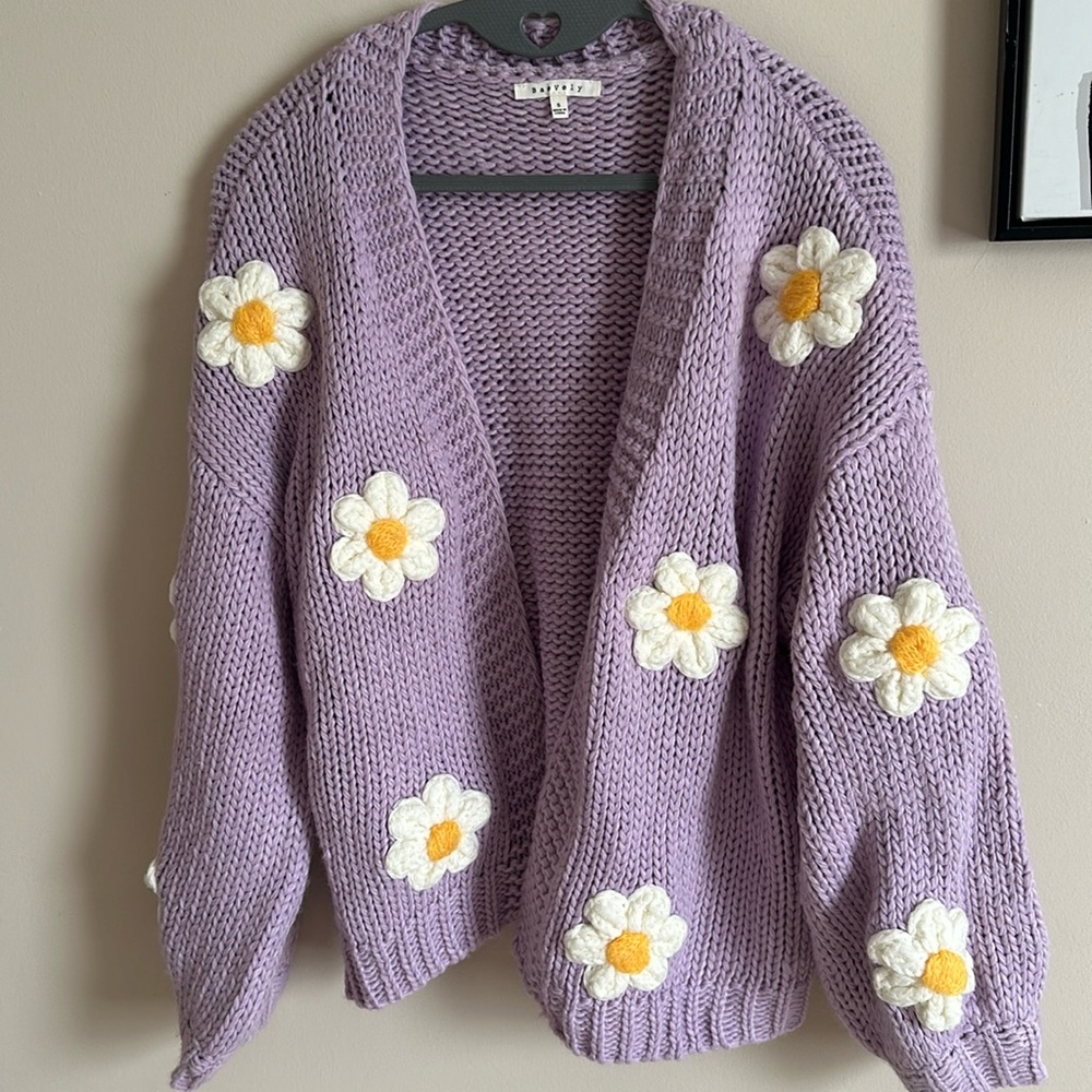 Lavender Daisy Cardigan Sweater - Cozy Open Front Knit